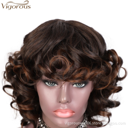 Vigorous Short Curly Wig With Bangs For Black Women Mixed Black And Brown Glueless Party Wig Synthetic Heat Resistant Hair Wig
